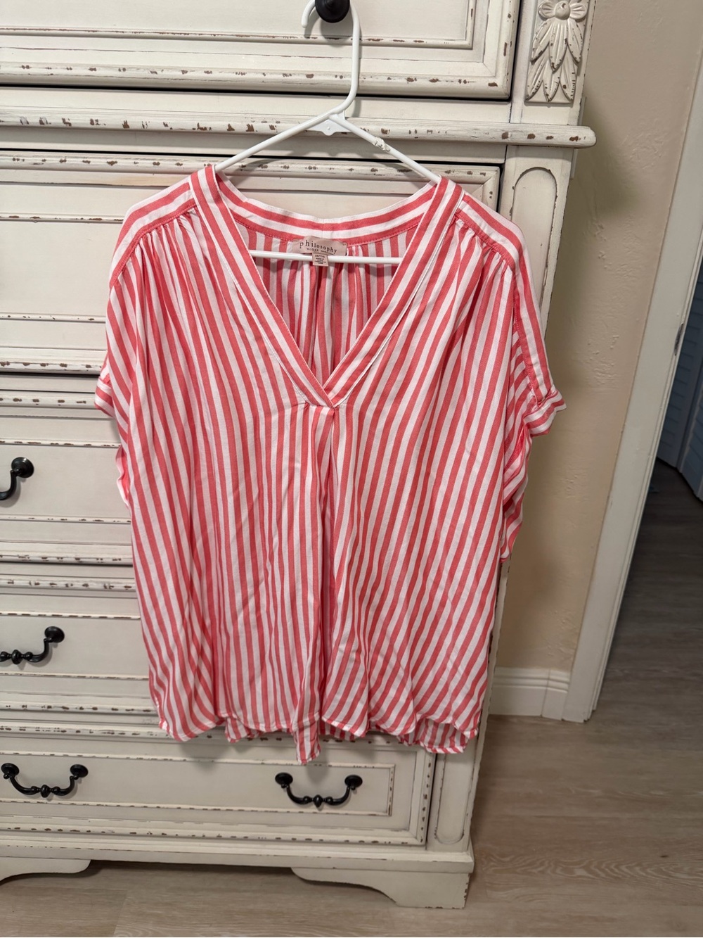 Philosophy Coral and White Striped V-Neck Blouse